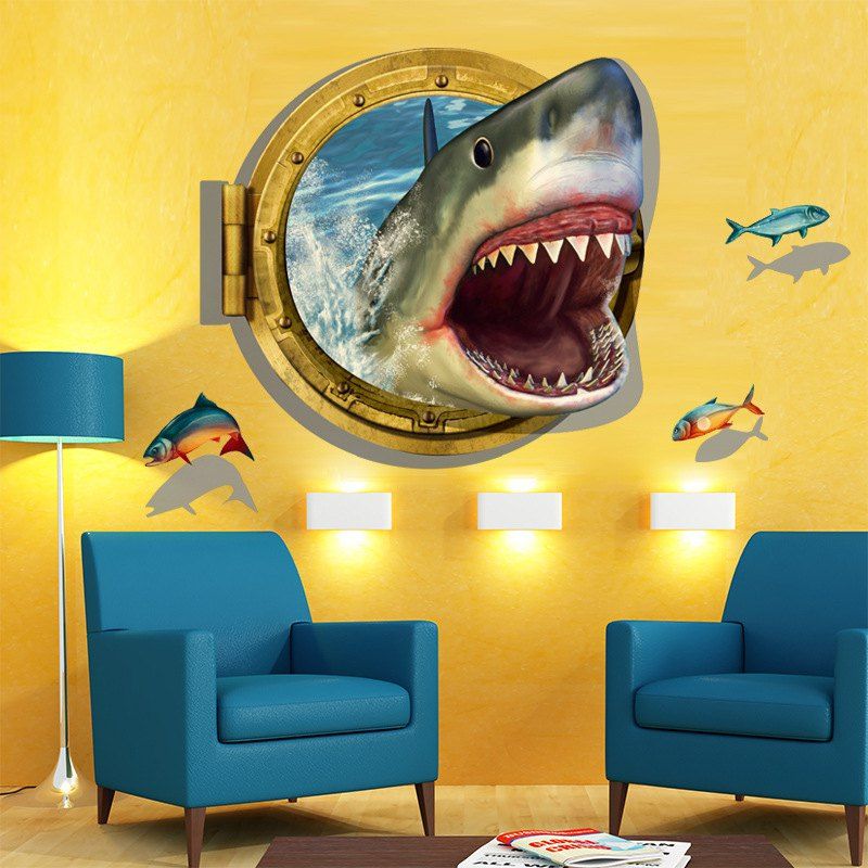

3D Ferocious Shark Self-Adhesive Living Room Bedroom Sofa Decoration Creative Wa, Multi