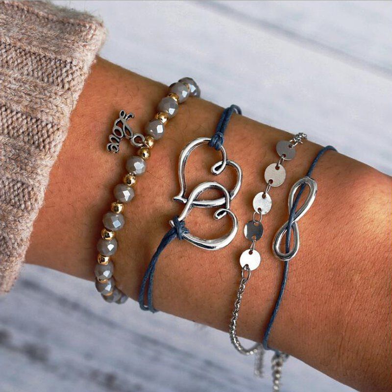 

Fashion Heart Shaped Bracelets Set, Silver
