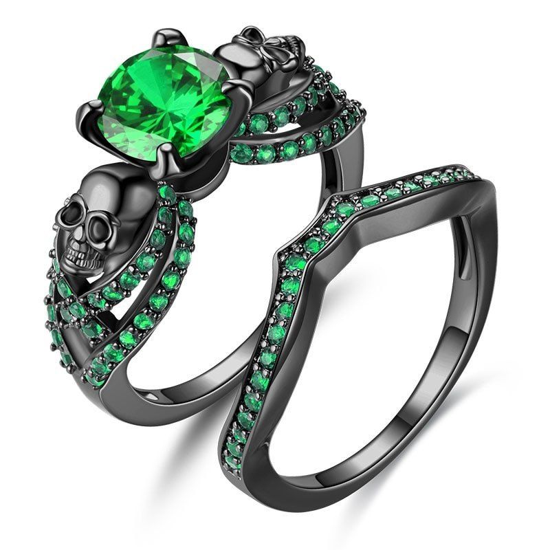 

Black Plated Gold with Zircon Retro Punk Skull Women Ring, Green