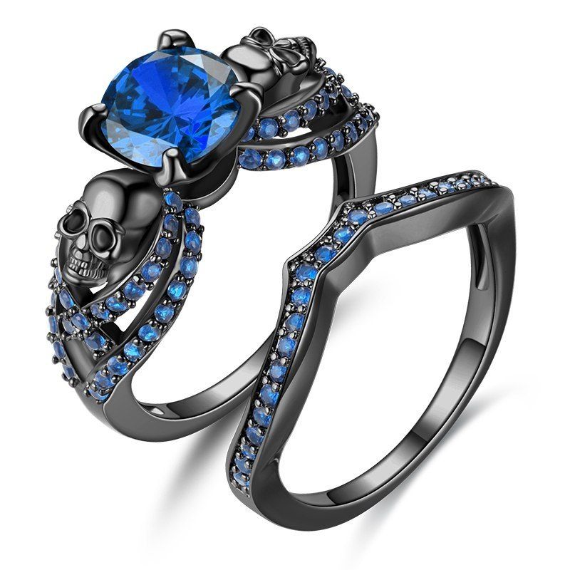 

Black Plated Gold with Zircon Retro Punk Skull Women Ring, Blue