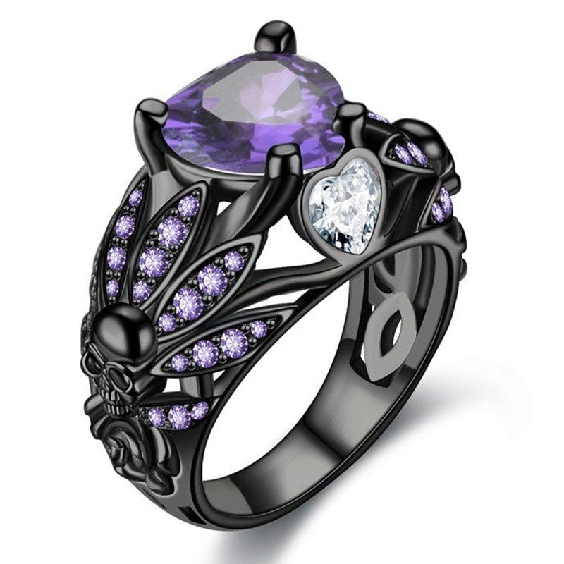 

Women Punk Crystal CZ Skull Rings Black Silver Fashion Wedding Jewelry Gift, Medium purple