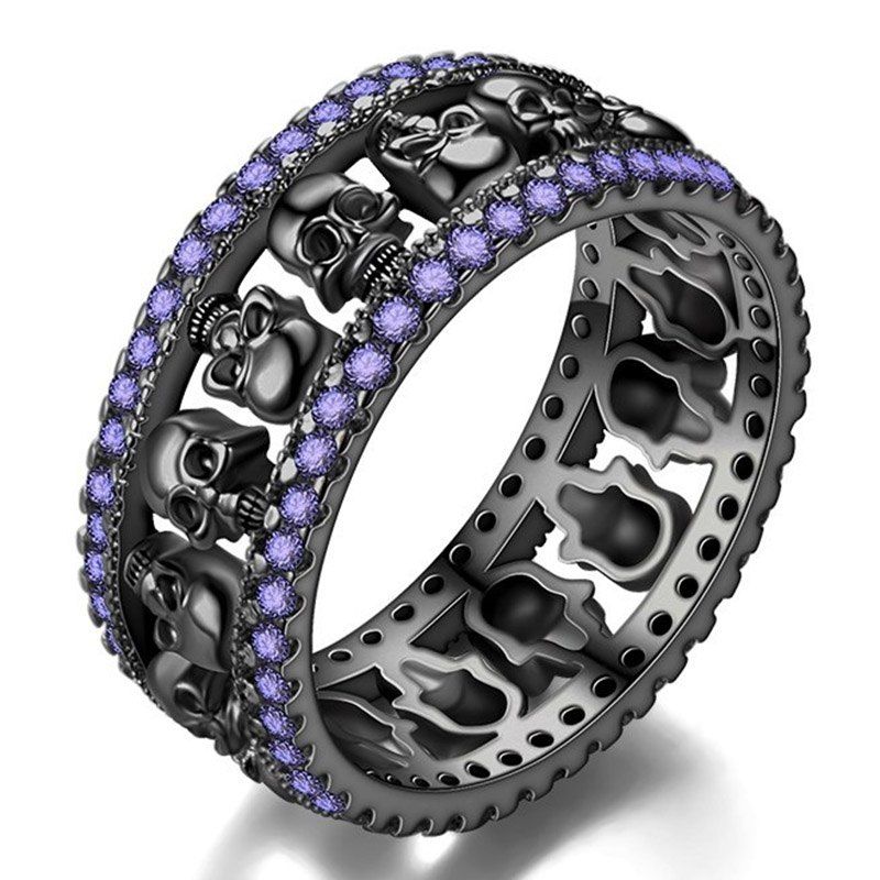 

Exquisite Black Gold Round Cut Amethyst Gift for Lovers Skull Ring, Purple