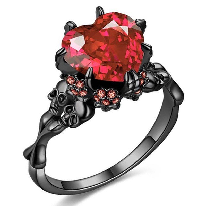 

Heart Red Zircon Skull Rings Fashion Black Jewelry Women Punk CZ Skeleton Ring