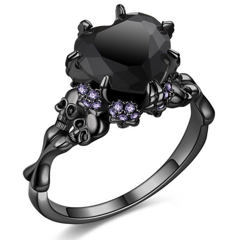 

Heart Red Zircon Skull Rings Fashion Black Jewelry Women Punk CZ Skeleton Ring