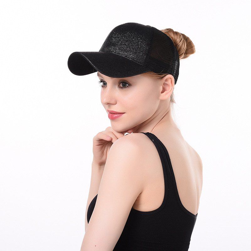 

New Sequined Ponytail Baseball Cap Rear Opening Ponytail Cap, Black