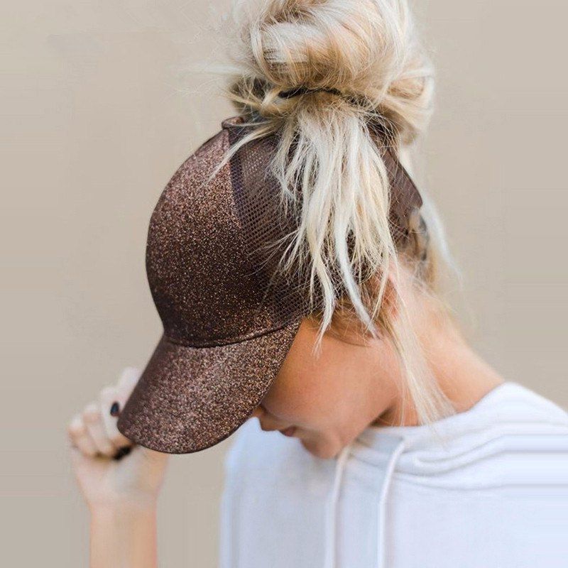 

New Sequined Ponytail Baseball Cap Rear Opening Ponytail Cap, Coffee