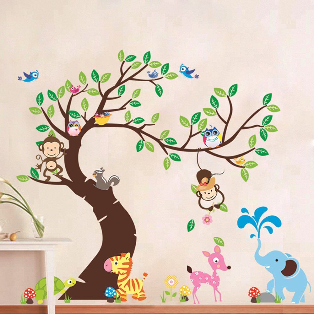 

Kindergarten Childrens Room Owl Monkey Paradise Background Wall Stickers, Multi