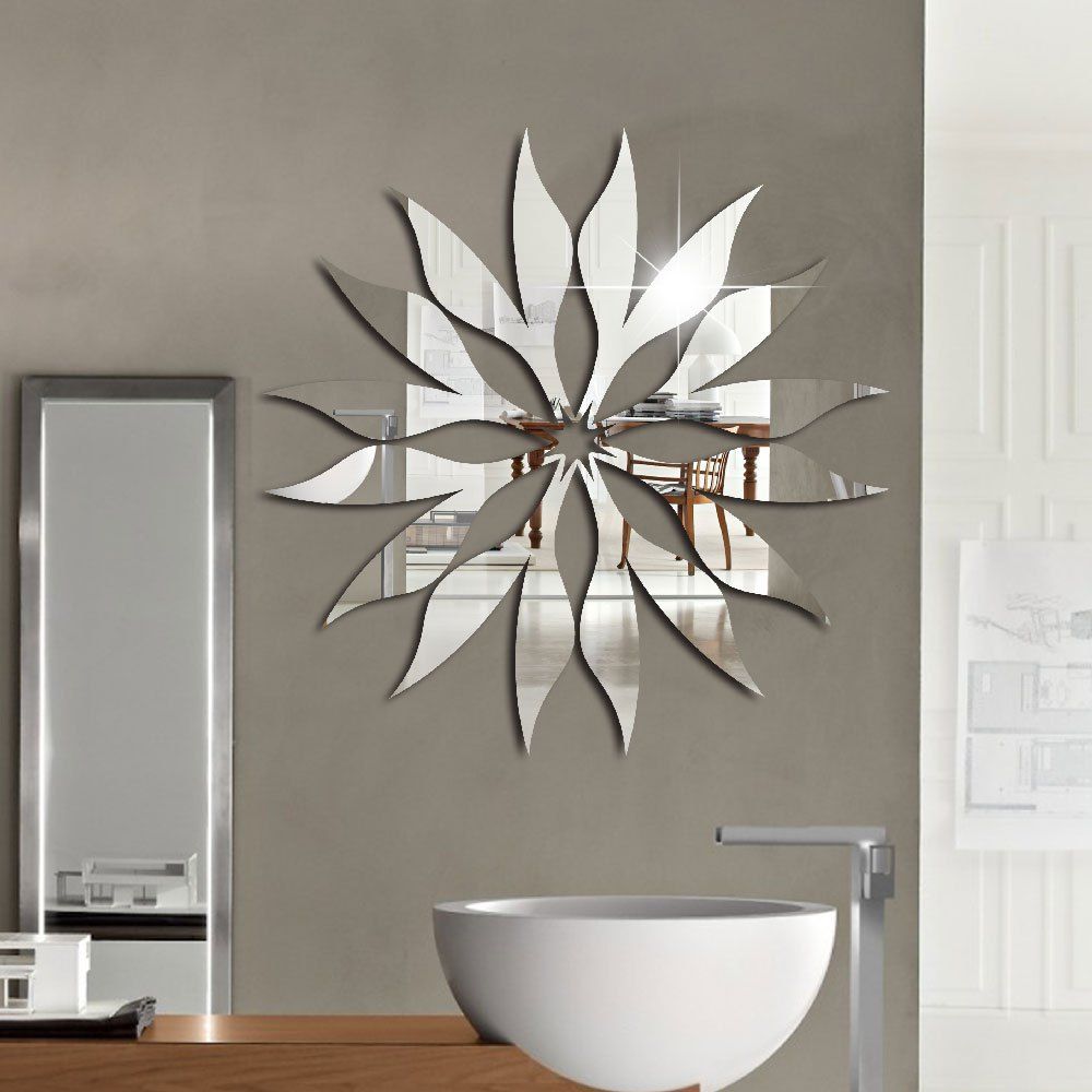 

Sun Flower Crystal Acrylic Mirror Wall Sticker Solid Green Bedroom Living Room, Silver