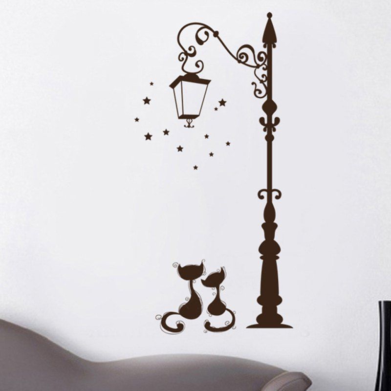 

Cute Cat Under A Streetlight Pattern Removable Wall Sticker, Black