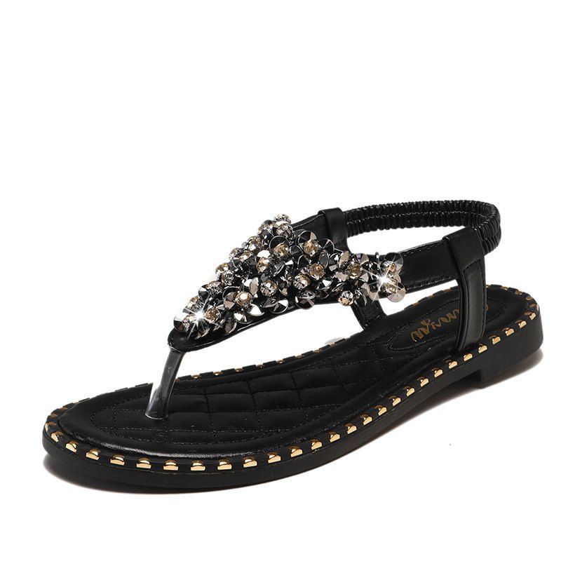 

Fashion Water Drill Flat Bottom Womens Sandals 916, Black