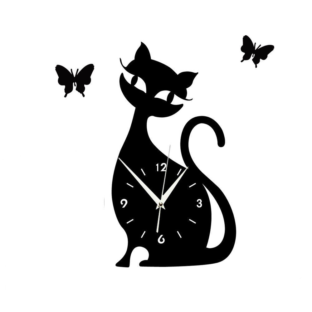 

GZ003 Cute Cat Cat Mirror Wall Clock Bedroom Living Room Mute Wall Clock Cartoon, Black;others