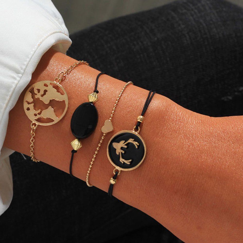 

4 Pcs Women's Fashion Bracelet Set Hollow Out Design All Match Retro Accessories, Golden brown