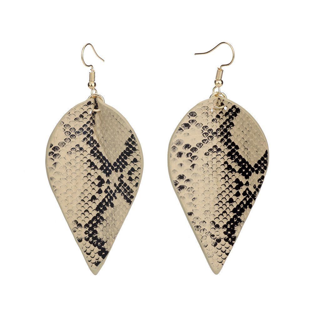 

Fashion Pu-Leather Personality Serpentine Leopard Long Geometric Leaf Earrings, Gold