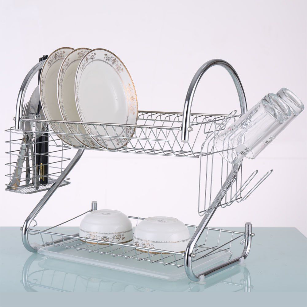 

S Shape Metal Double Layers Dish Drainer Rack Organizer Kitchen Accessories, Silver