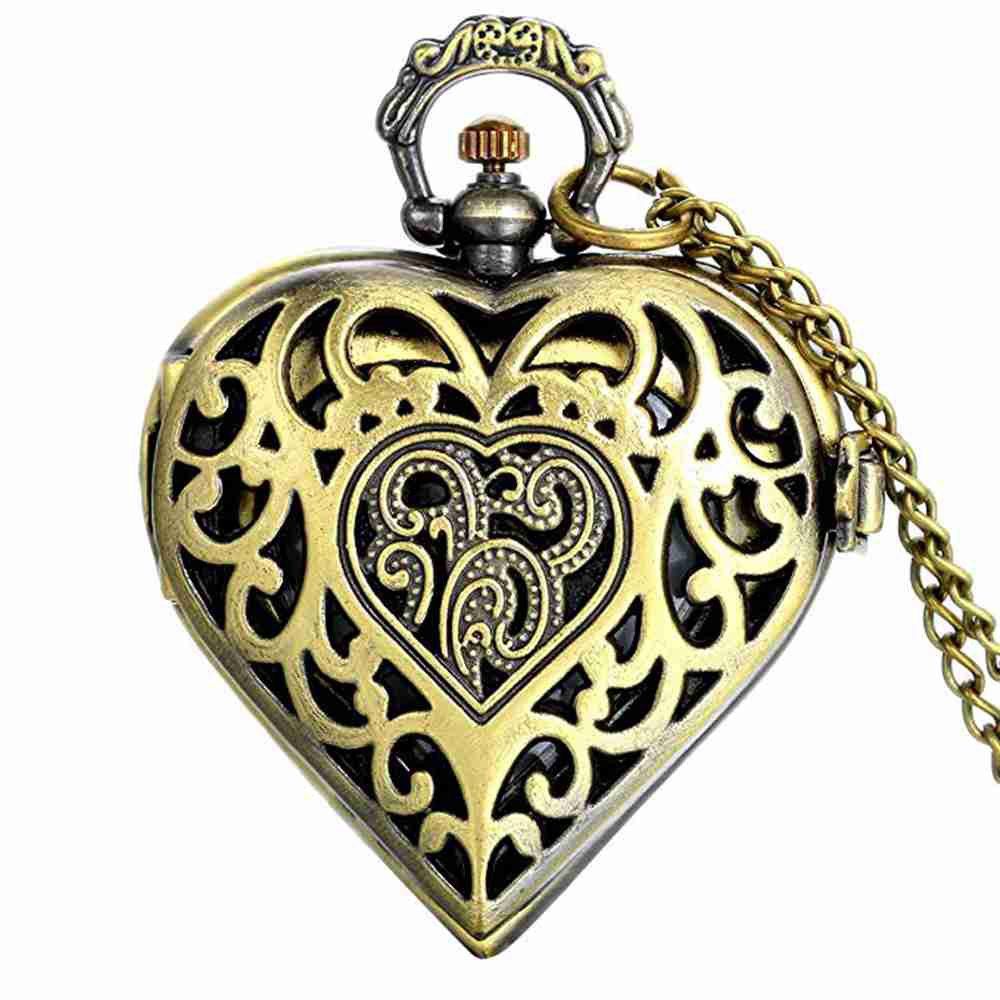 

Vintage Tone Heart Locket Style Pendant Pocket Watch Necklace for Lady Women, Bronze