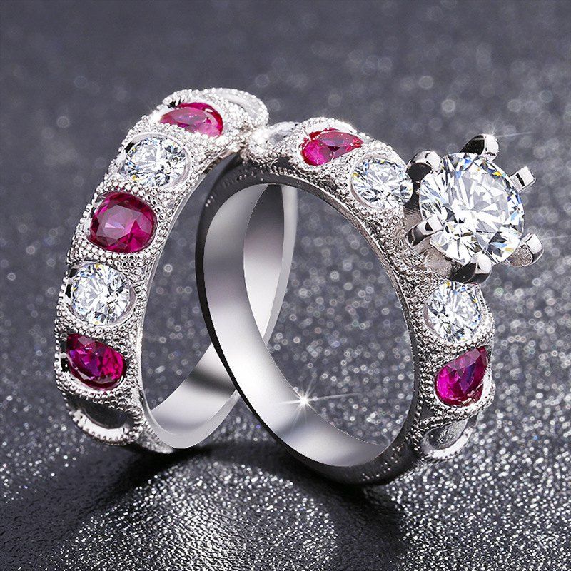 

Fashion Ruby Silver Analog Diamond Engagement Ring Set