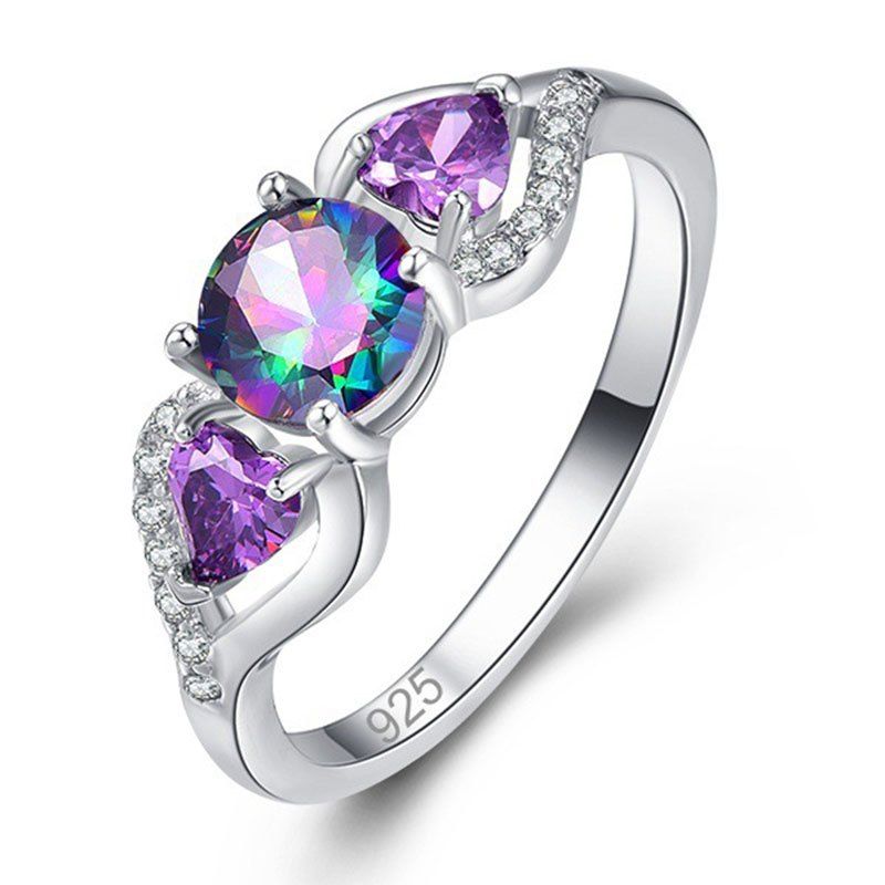 

Woman Valentine Day Gift Round Love Amethyst Rainbow Gemstone Silver Ring