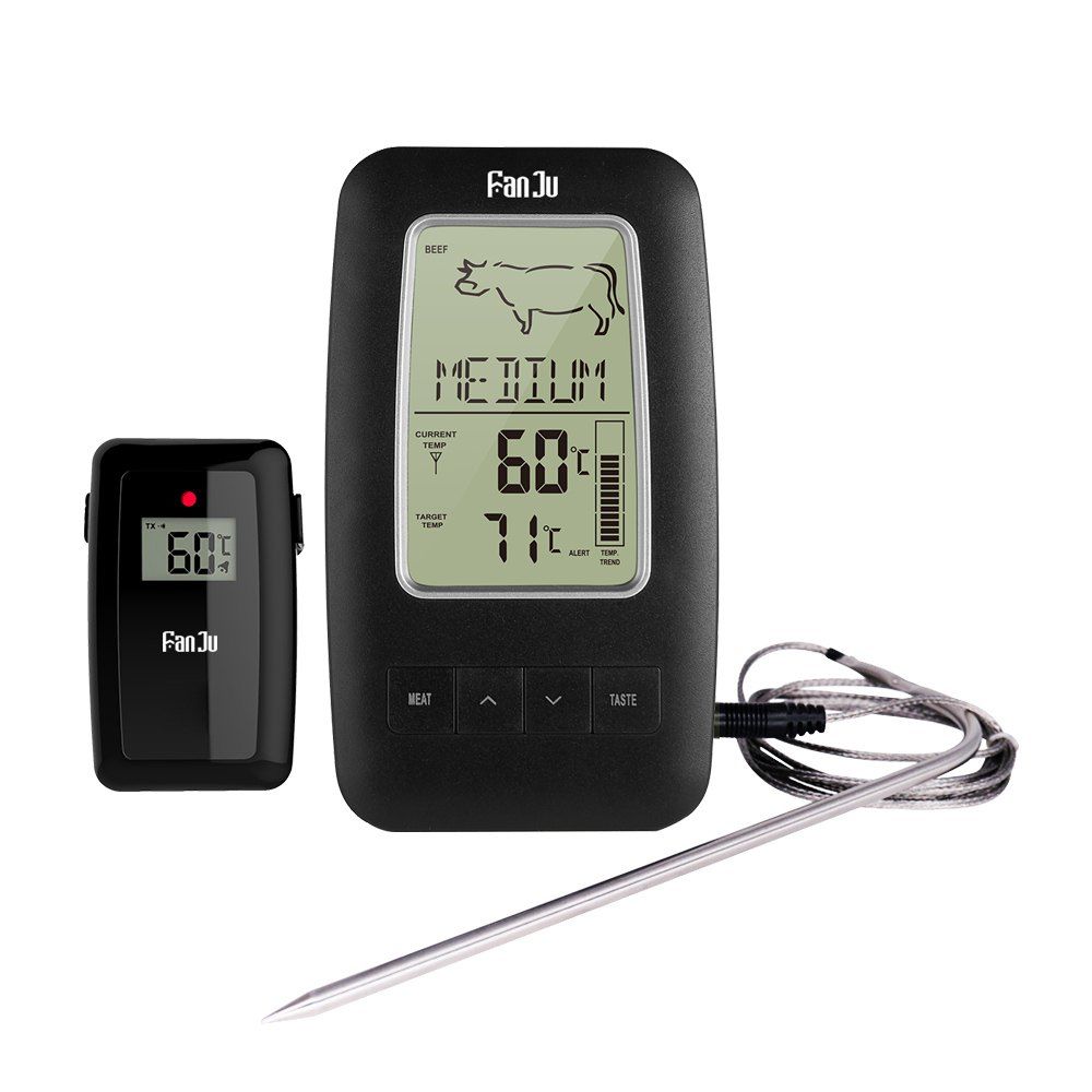 

FanJu Digital LCD Kitchen Thermometer Wireless Remote Temperature Oven Grill, Black