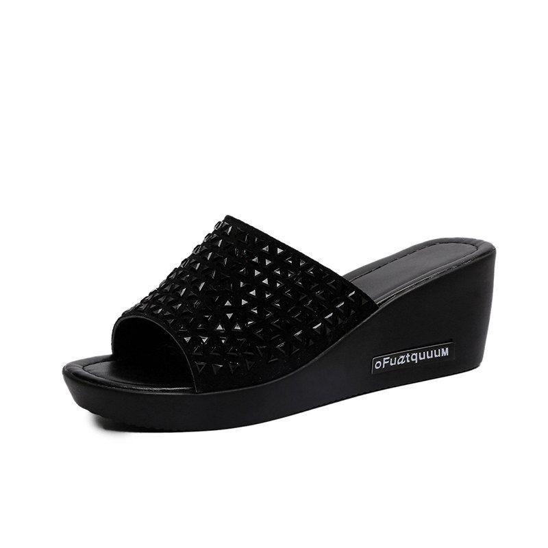 

Fashion Slope Heel Rhinestone Female Slippers, Black