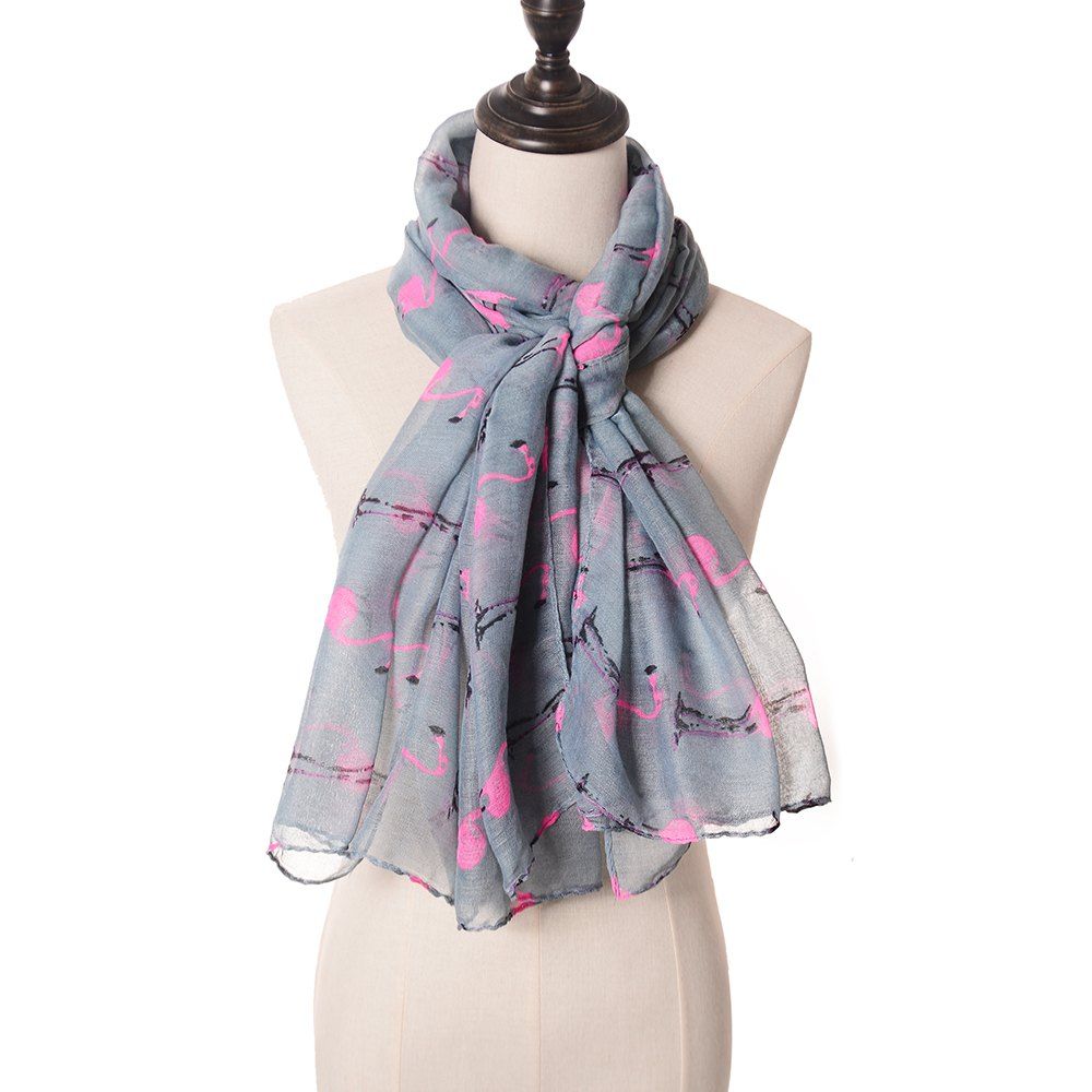 

Bali Yarn Silk Scarf with Flamingo Pink Print, OP13, Gray