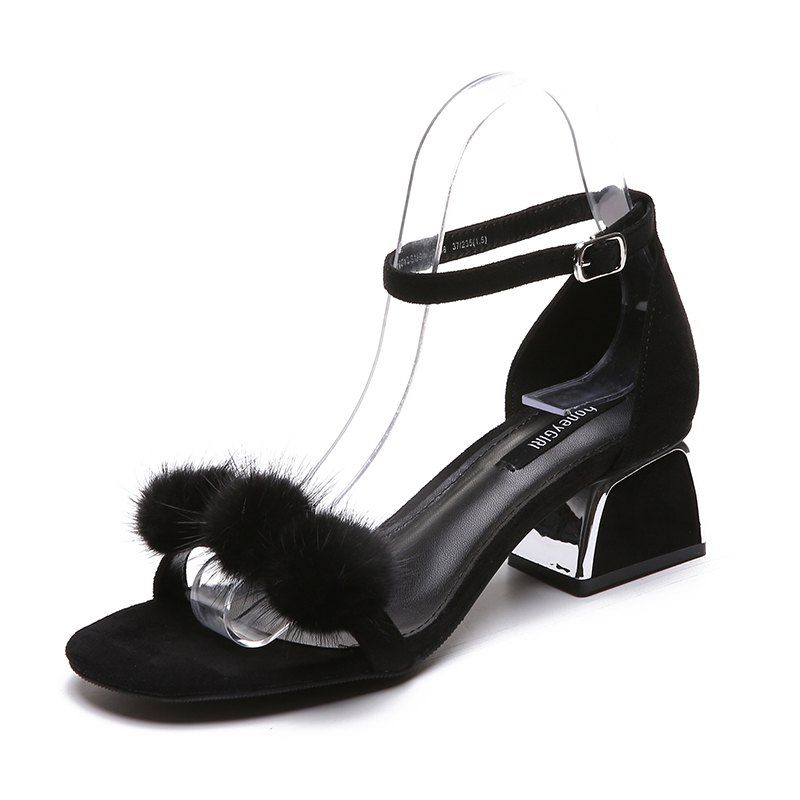 

High-Heeled Hairy Ball Buckle Female Sandals, Black