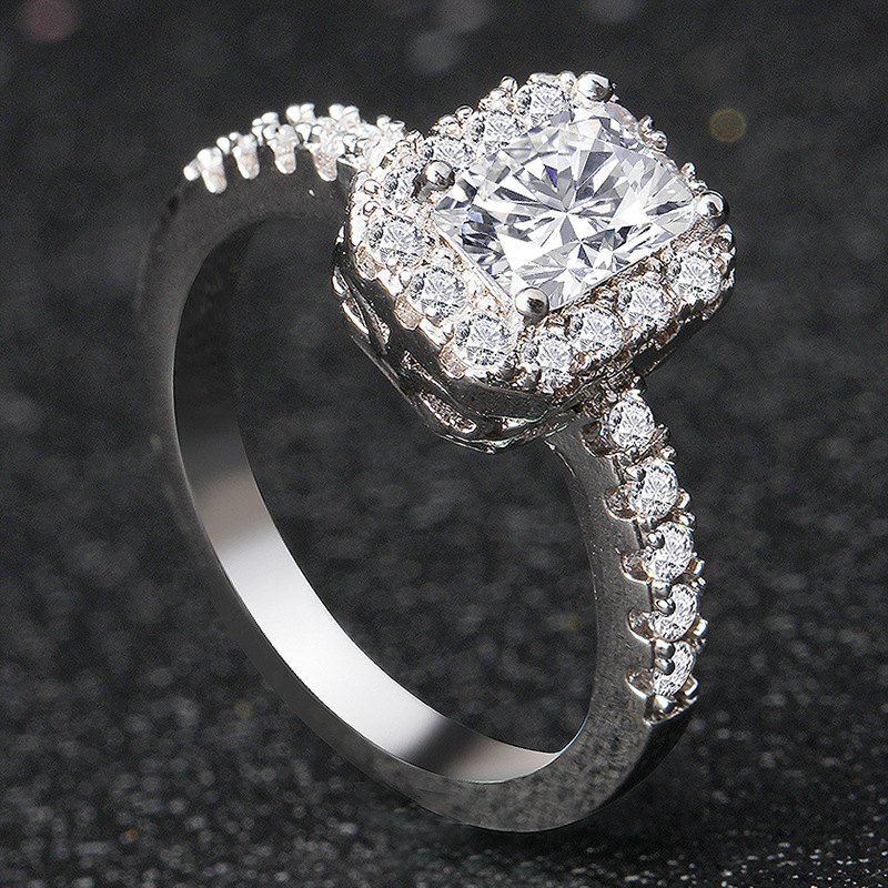 

Gorgeous Silver-White Birthstone Bride Engagement Shiny Square Ring
