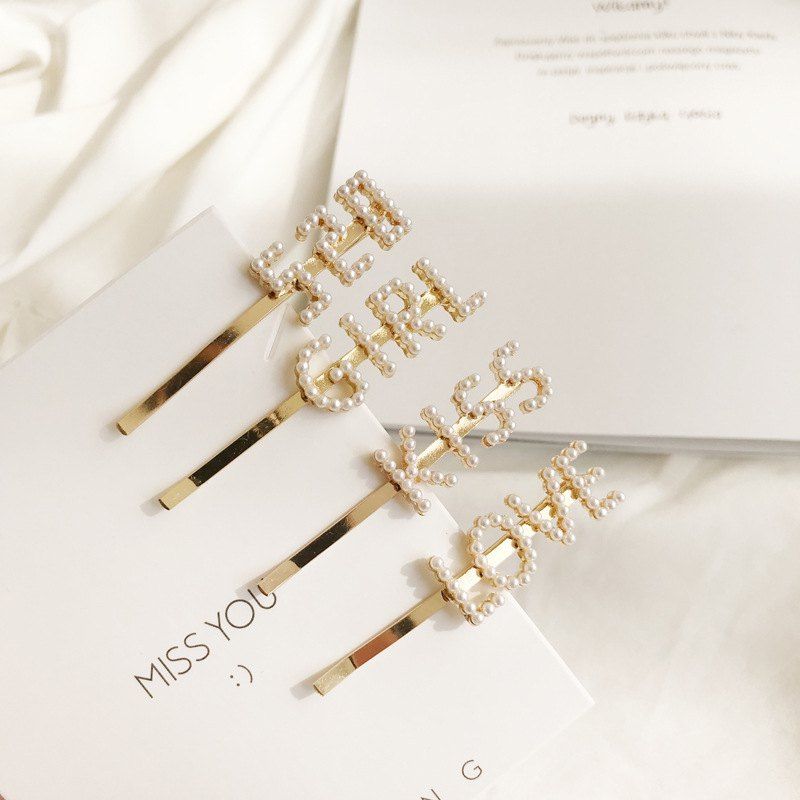 

Fashion Creative Pearl Letters Hair Clips Set, Gold