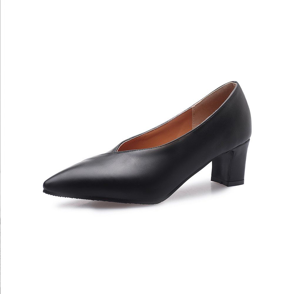 

New Fashion Pointed Toe Pure Color Chunky Commuting Lady Pumps, Black