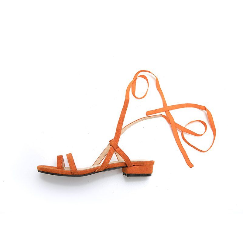 

New Fashion Pure Color Dull Polish Bandage Low Heel Casual Lady Sandals, Orange