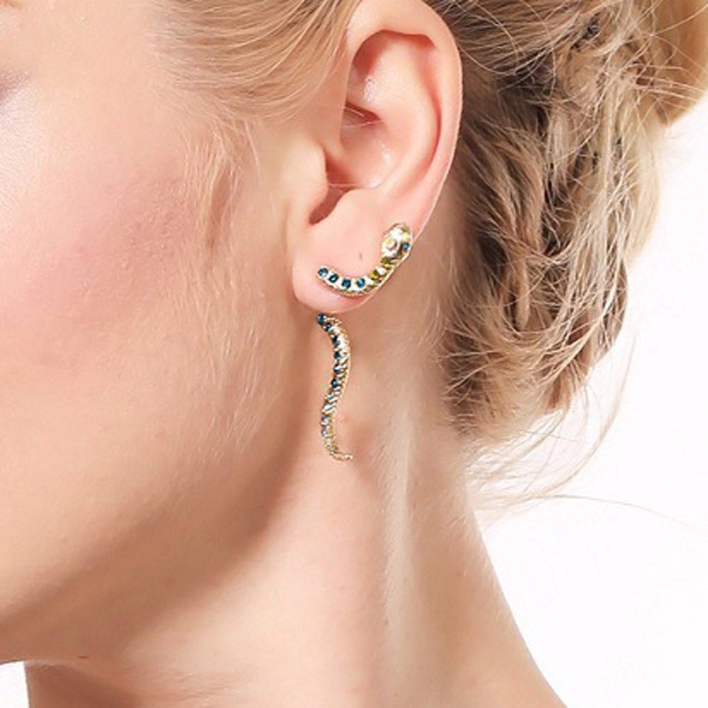 

Gold Blue Rhinestone Snake Dangle Earrings
