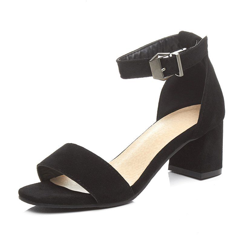 

Rough Heeled Open Toe Buckle Simple Sandals, Black