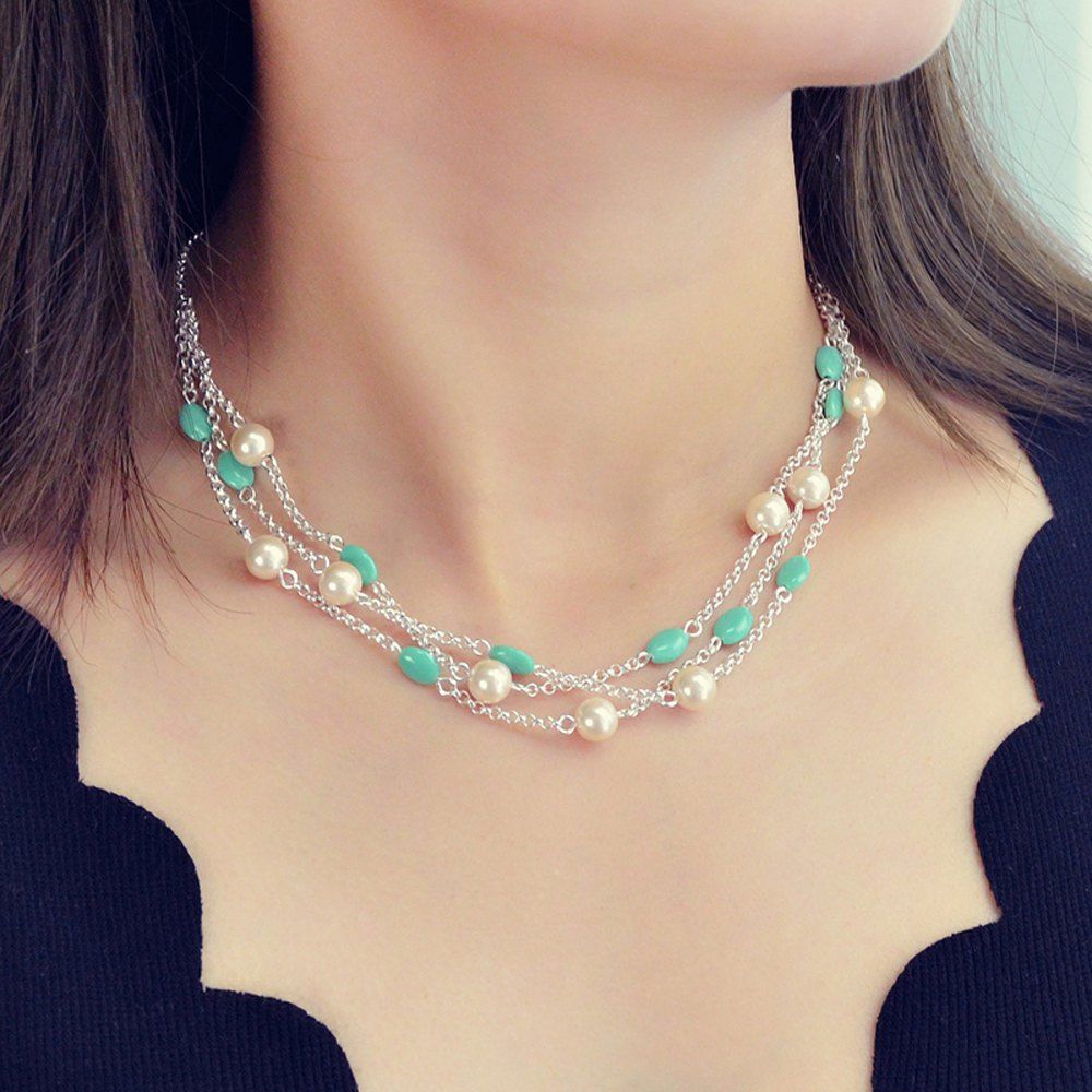 

Fashion Silver Three-Layer Rice Bead Chain Necklace