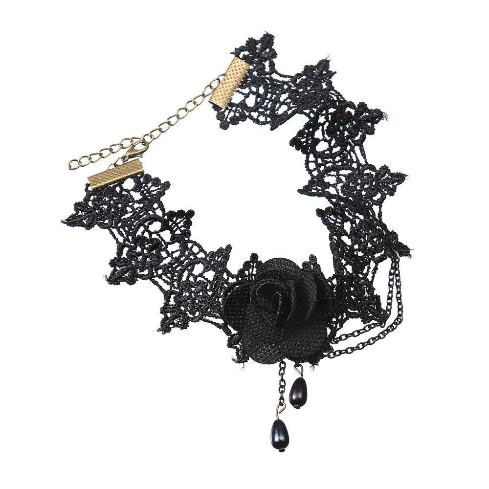 

Drop Pendant Rose Shape Creative Handmade Lace Necklace, Black