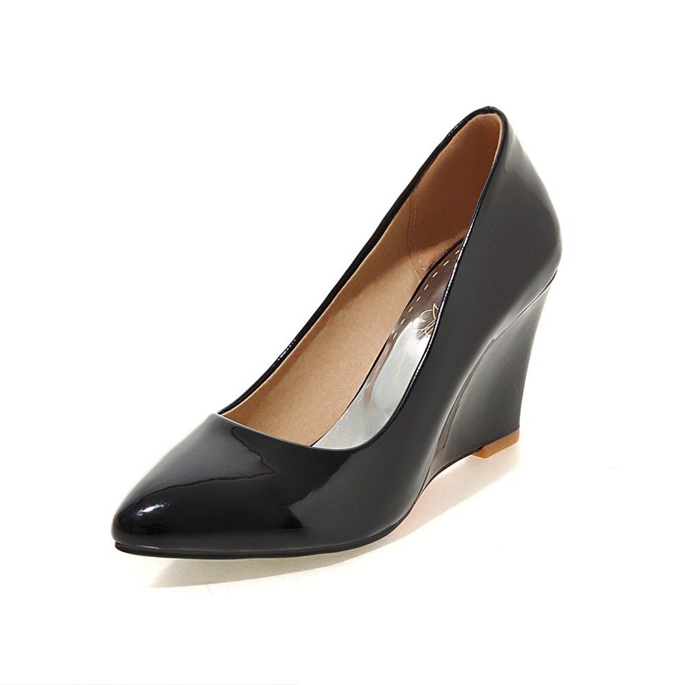 

Fashion Pointed Toe Pure Color Patent Leather Wedges elegant lady Pumps, Black