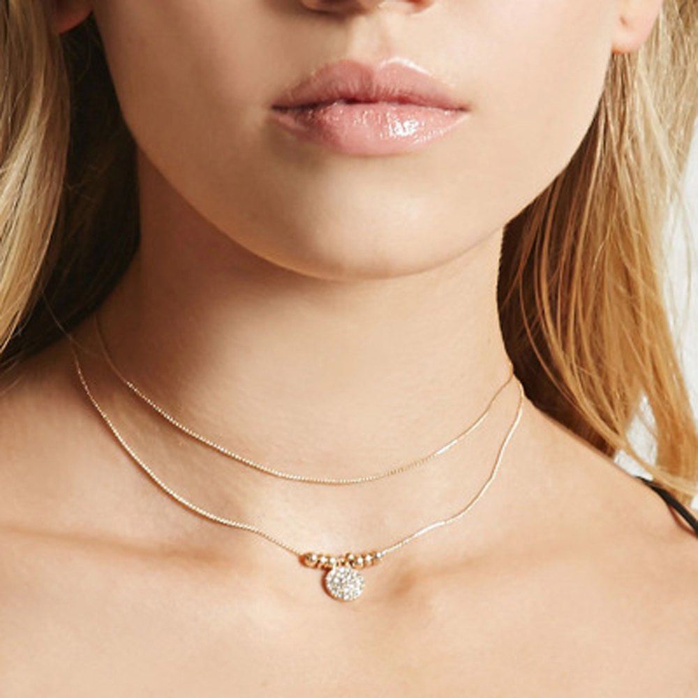 

Gold Silver Color Chain with Beads Drop Necklace 2pcs