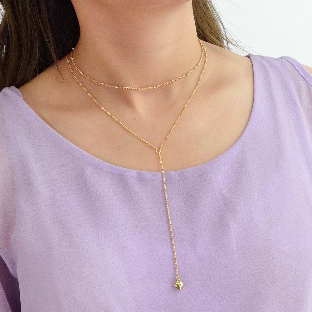 

Gold Silver Color Long Chain with Heart Drop Chain Necklace