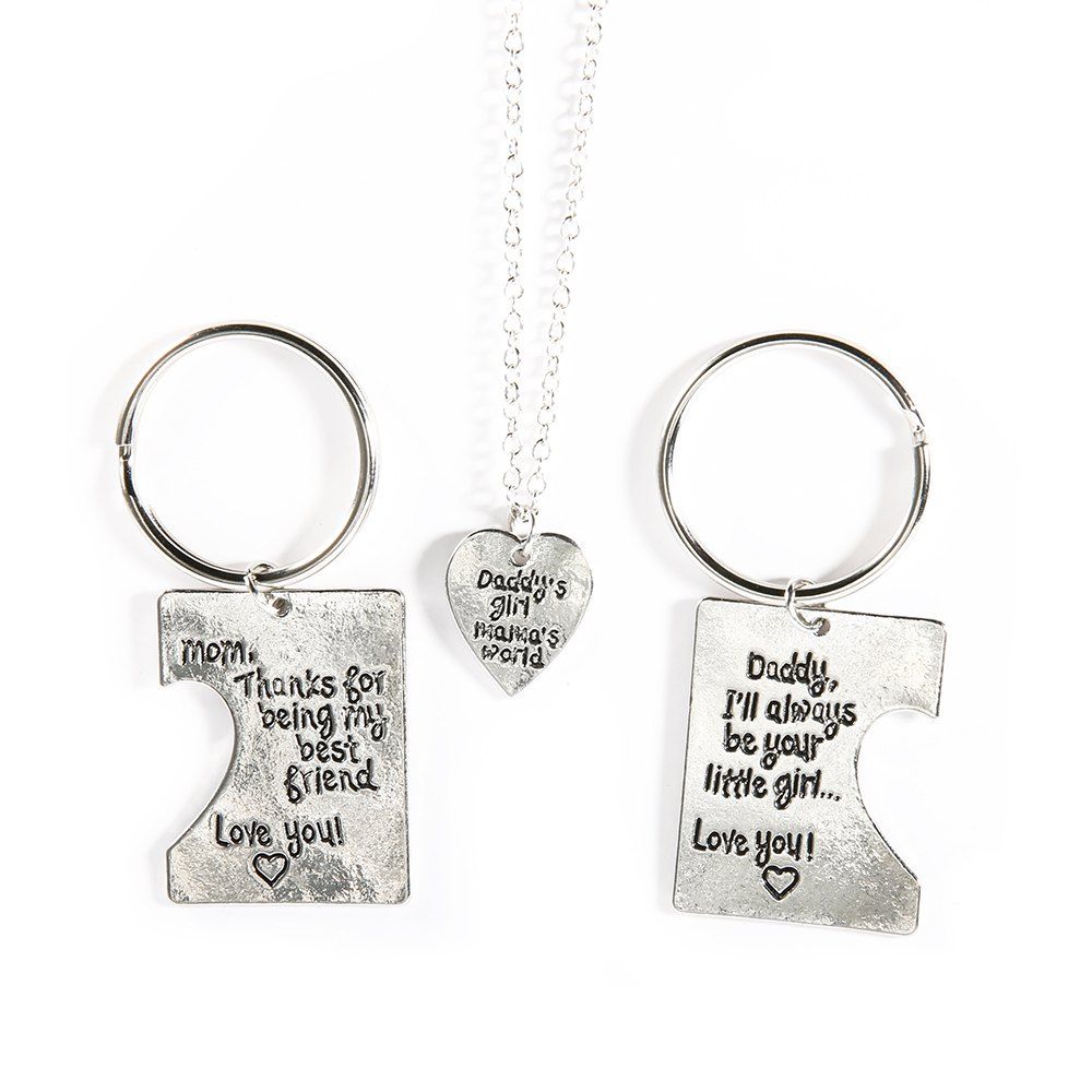 

Lettering Stainless Steel Heart-Shaped Necklace Keychain Three-Piece, Silver