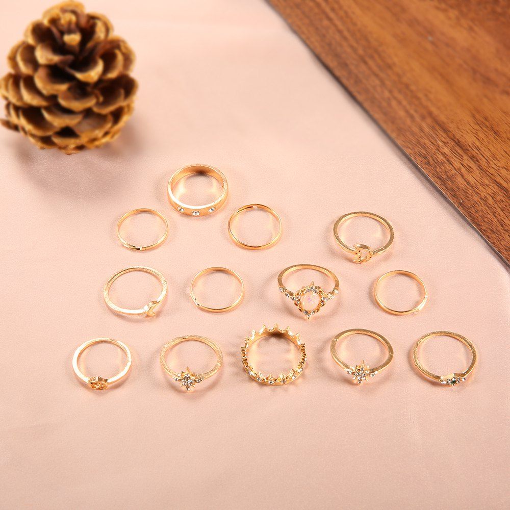 

Retro Opal Crown Diamond Star Moon Rings 13PCS, Gold