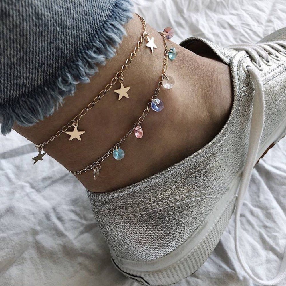 

Bohemian Fashion Five-Pointed Star Colorful Gem Double-Layer Set Anklet, Multi-a