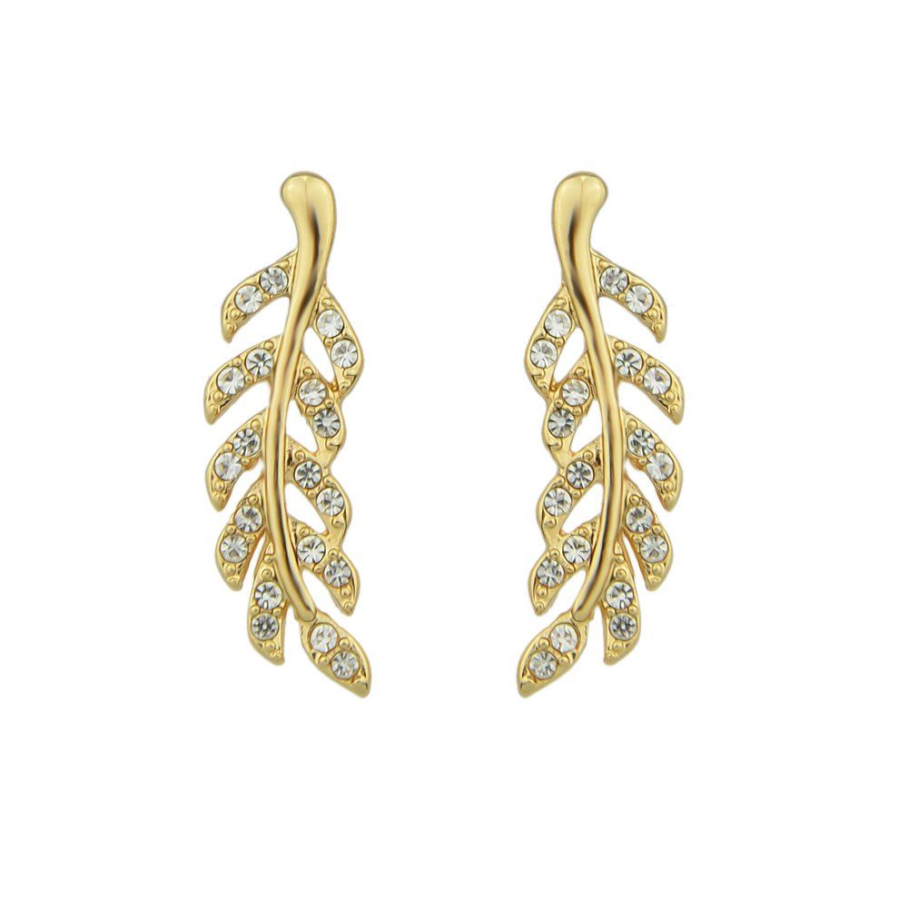 

Gold Silver Rose Gold with Rhinestone Leaf Stud Earring