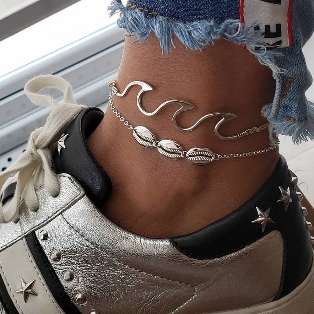 

New Beach Wave Shell Anklet Simple Lady Wave Anklet Jewelry, Silver