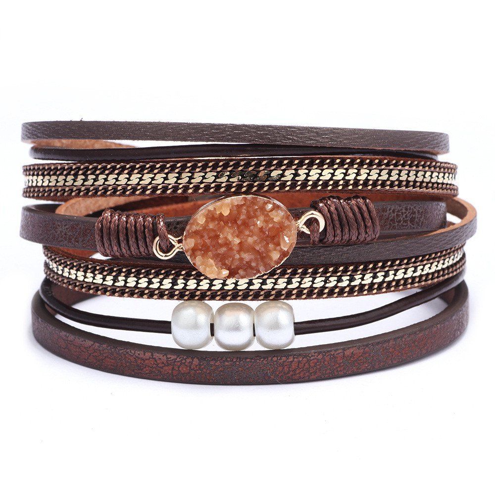 

Oval Crushed Stone Fashionable Magnetic Buckle Multi - layer Bracelet, Brown