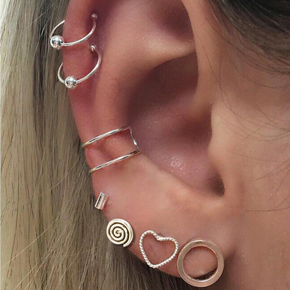 

Silver Color With Heart Circle Stud Earrings Ear Clip 7PCS/Set