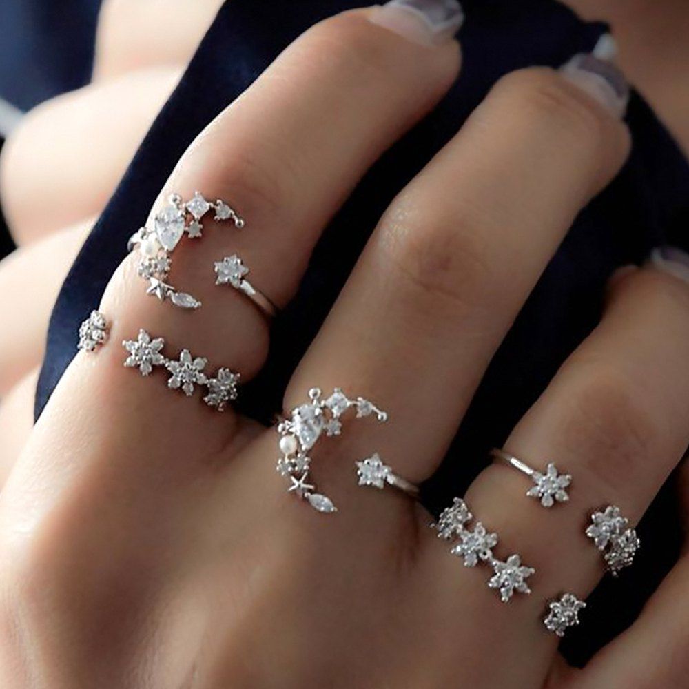 

Silver Color With Rhinestone Geometric Rings 5PCS/Set