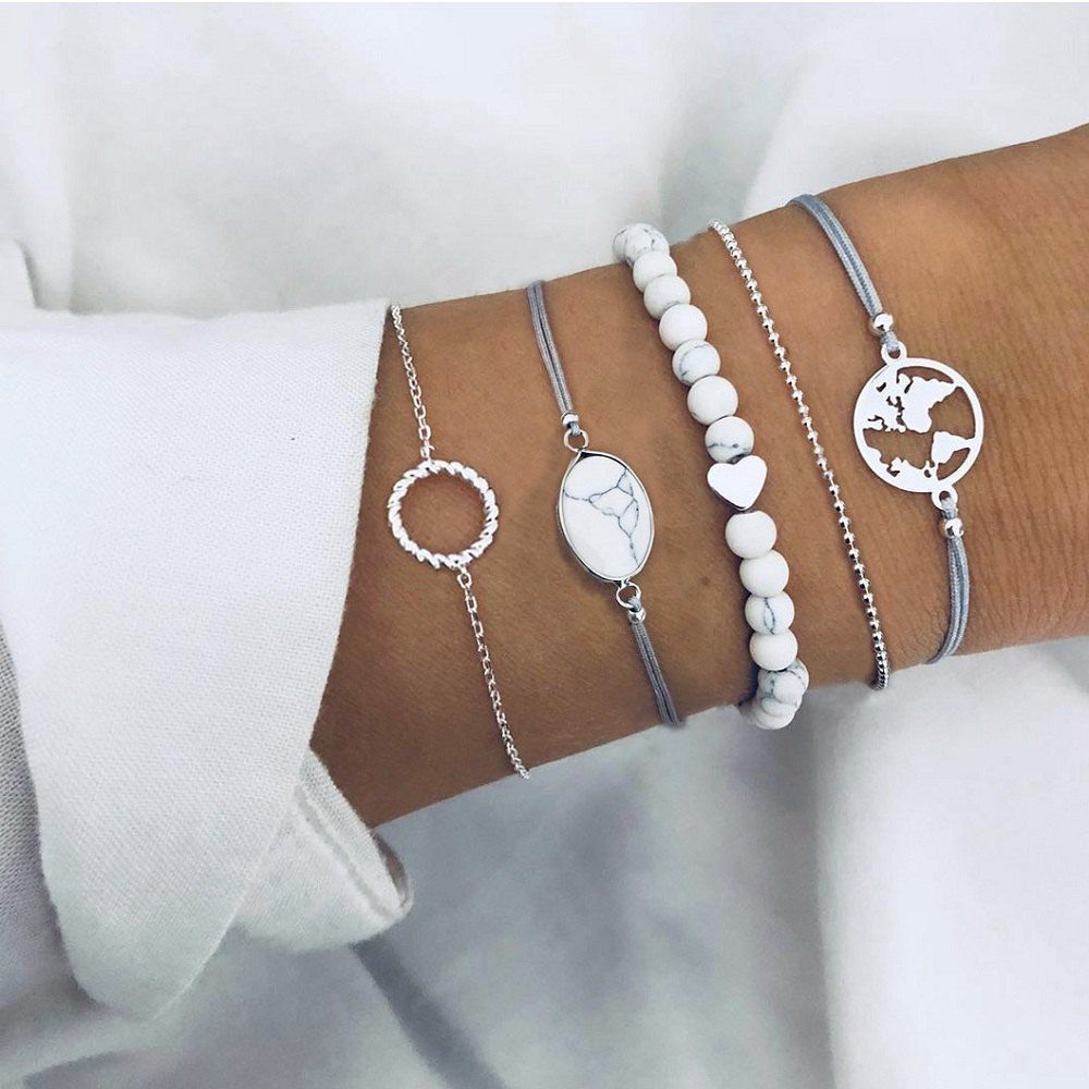

Round Cracked Pine Stone Bead Chain Map Hollow Ring Bracelet Five-Piece, Silver