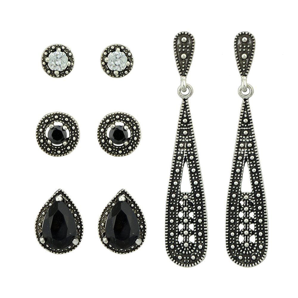 

Gunblack Color with Black Stone Stud Dangle Earrings 4 Pairs/Set, Silver