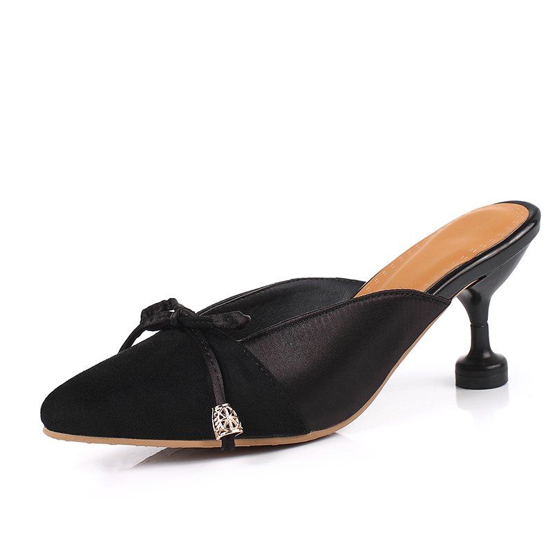 

Butterfly Knot Stitching Pointed Slim Heel Simple Sandals, Black