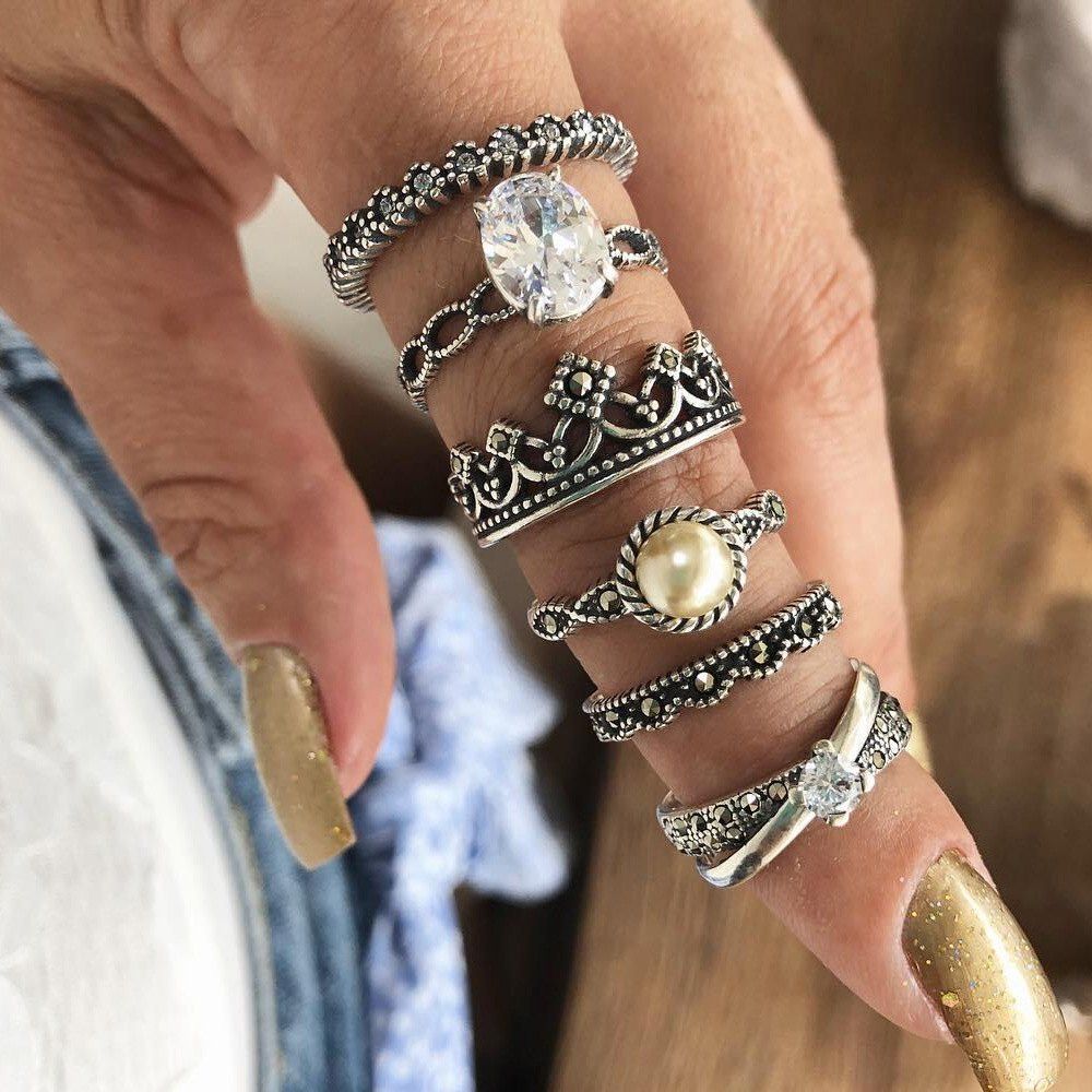 

Silver Color with Flower Crown Rings 6PCS/Set