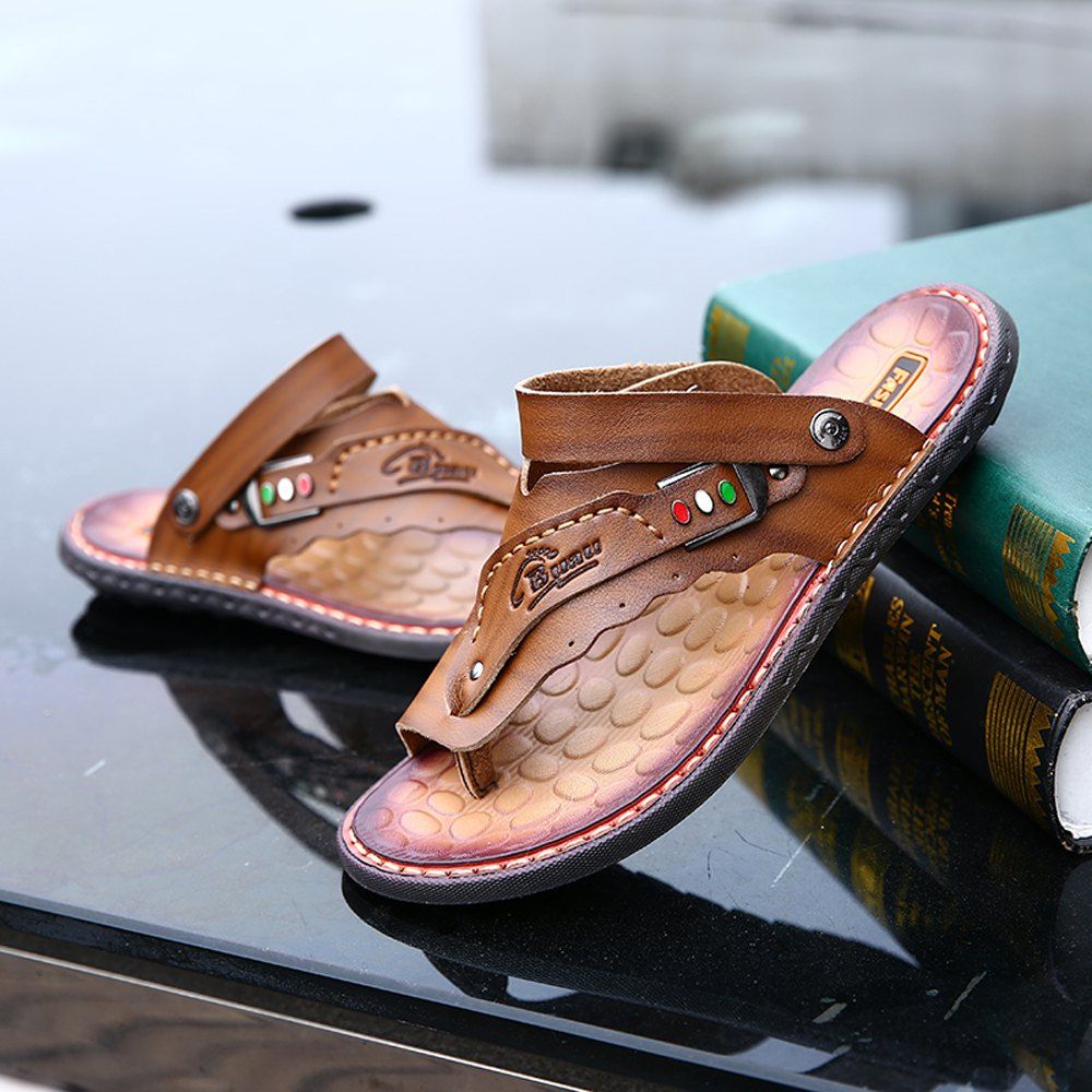 

Men's Sandals Genuine Leather Men Beach Slippers Comfortable Outdoor Shoes, Dark khaki