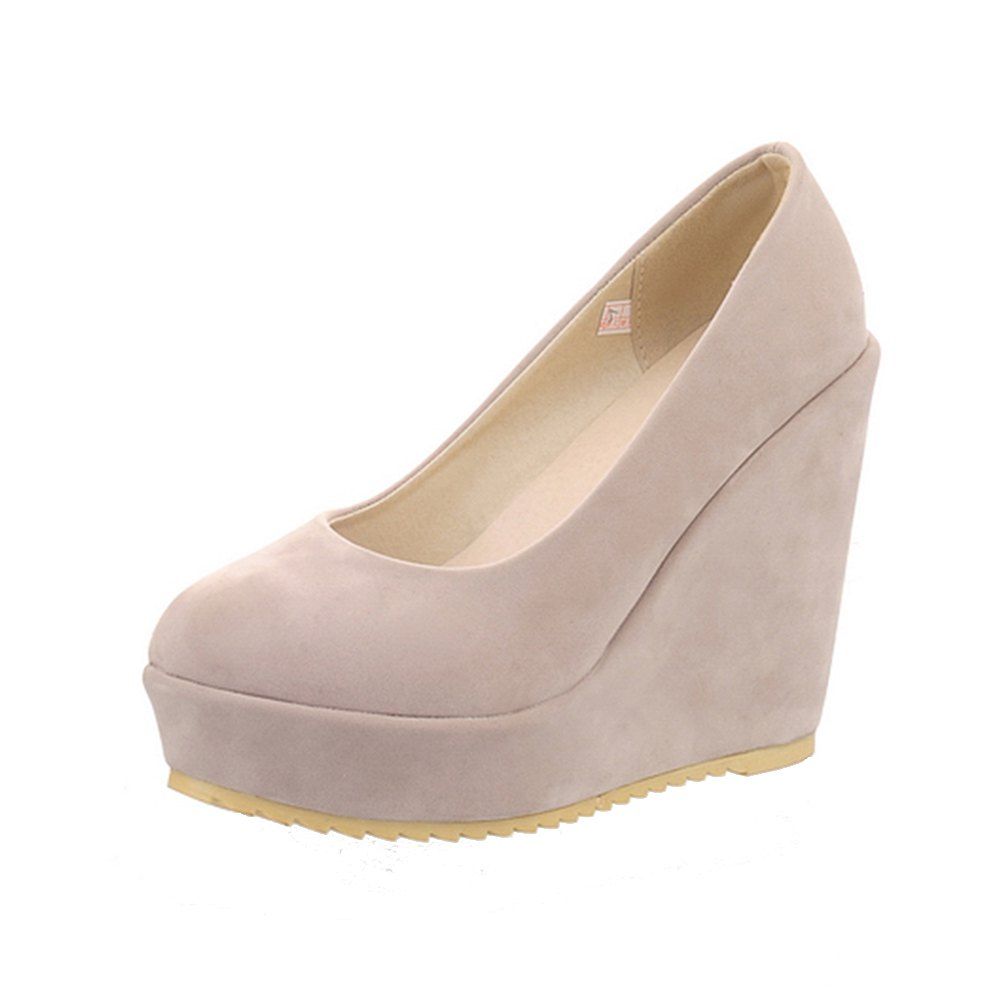 

New Fashion Round Toe Platform Napped Leather Pure Color Wedges lady Pumps, Beige